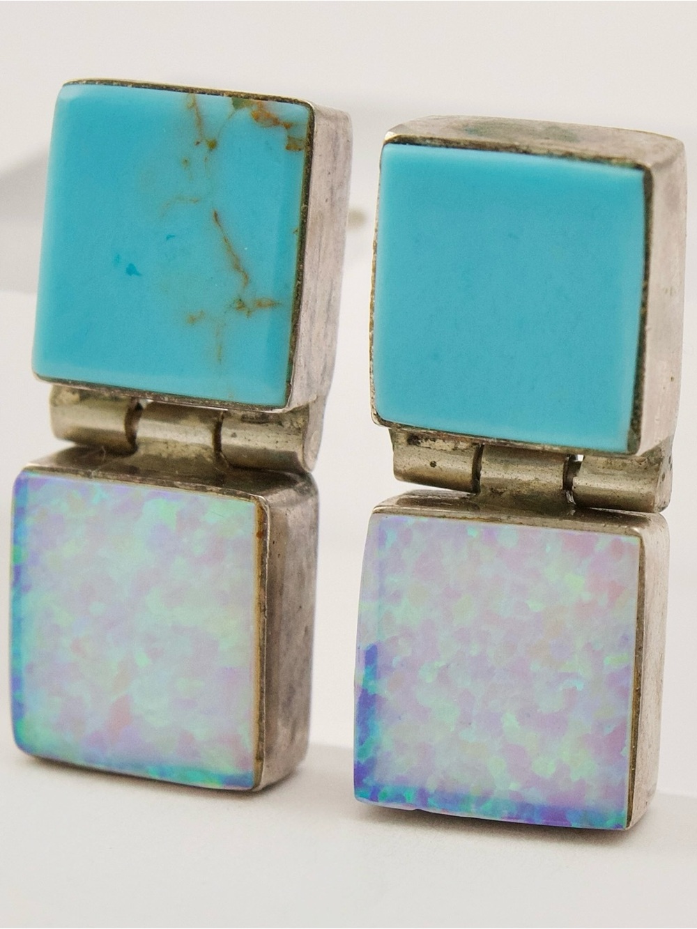 Modernist Sterling Silver Earrings with Square-Cut Synthetic Opal and Turquoise